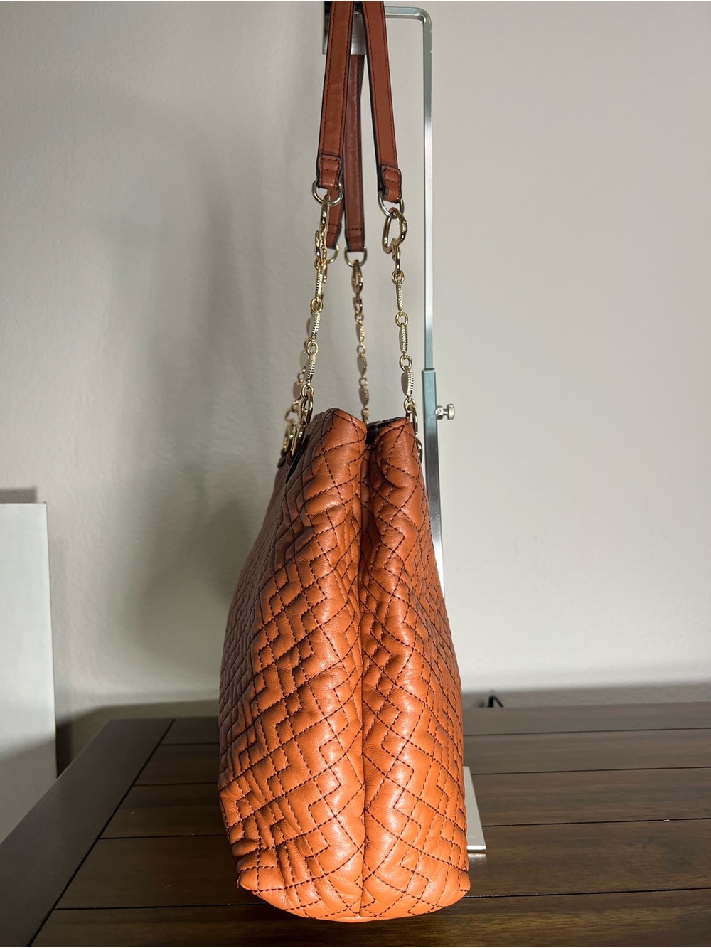 Anne Klein Quilted Cognac Leather Shoulder Bag with Heart Chain - Picture 3 of 9
